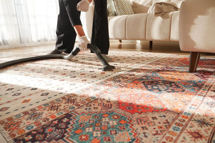 professional worker cleaning rug